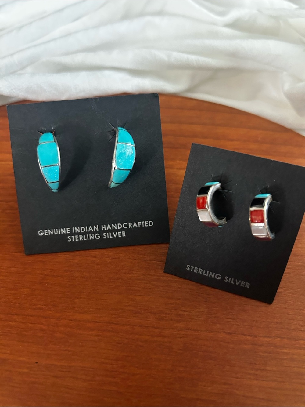 Sterling Silver Turquoise and Red Inlay Hoop Earrings - Genuine Handcrafted
